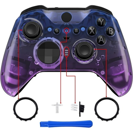 eXtremeRate Gradient Translucent Bluebell Front Housing Shell Case Replacement Kit for Xbox One Elite Series 2, Xbox Elite 2 Core Controller Model 1797 - Thumbstick Accent Rings Included