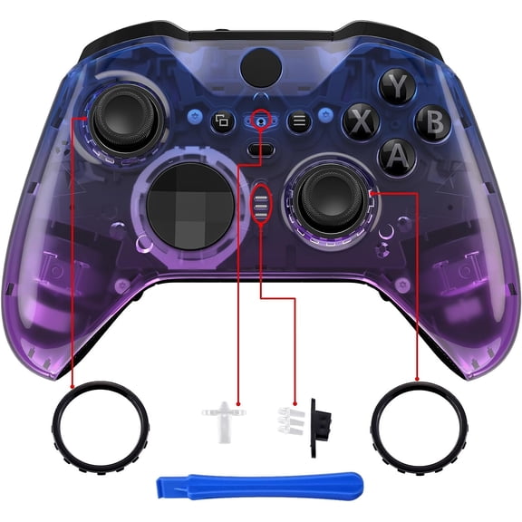 eXtremeRate Gradient Translucent Bluebell Front Housing Shell Case Replacement Kit for Xbox One Elite Series 2, Xbox Elite 2 Core Controller Model 1797 - Thumbstick Accent Rings Included