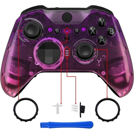 eXtremeRate Gradient Translucent Purple Rose Red Front Housing Shell Case Replacement Kit for Xbox One Elite Series 2, Xbox Elite 2 Core Controller Model 1797 - Thumbstick Accent Rings Included