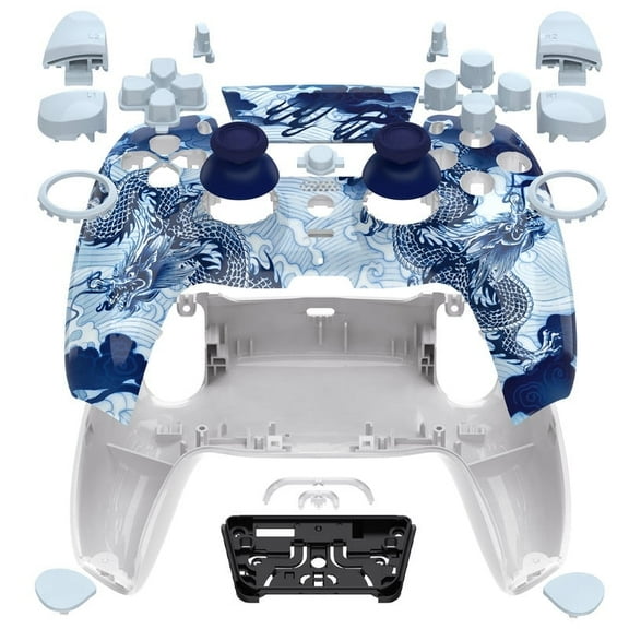 eXtremeRate Luna Redesigned Full Set Shell Buttons Touchpad Cover Compatible with ps5 Controller BDM-030 BDM-040 BDM-050, Porcelain Dragon Replacement Top Bottom Cover Compatible with ps5 Controller