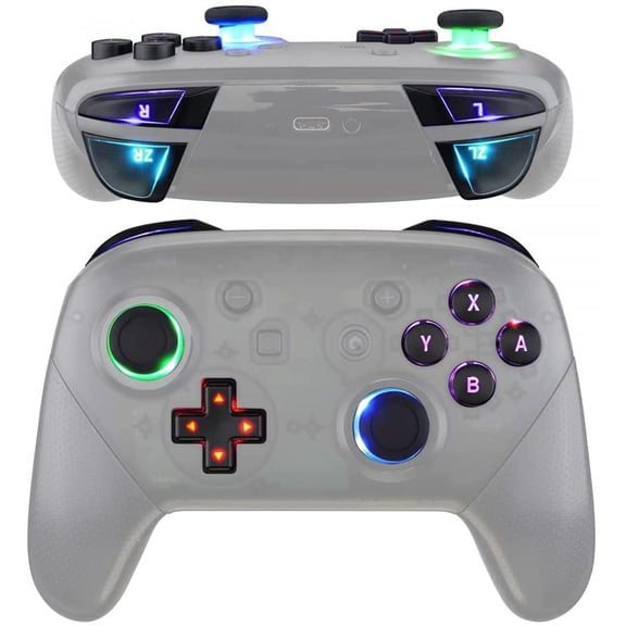 eXtremeRate Multi-Colors Luminated DTFS LED Kit, Thumbsticks Dpad ABXY ZR ZL L R Buttons Chrome Gold Classical Symbols Keys for Nintendo Switch Pro Controller - Controller NOT Included