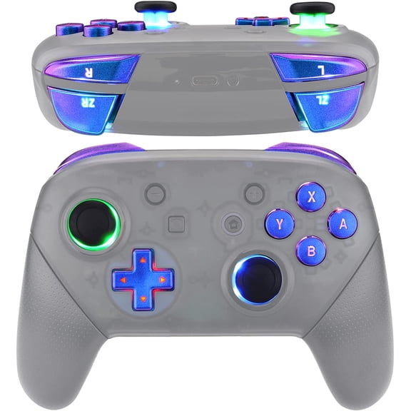 eXtremeRate Multi-Colors Luminated DTFS LED Kit V2, Thumbsticks Dpad ABXY ZR ZL L R Buttons Chameleon Purple Blue Classical Symbols Keys for Nintendo Switch Pro Controller - Controller NOT Included