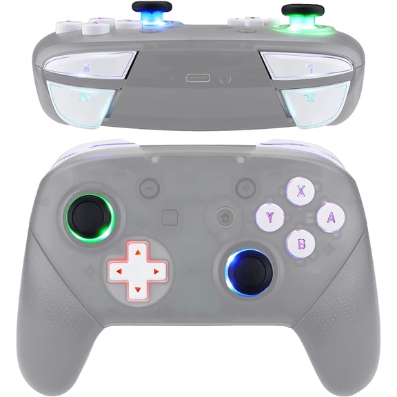 eXtremeRate Multi-Colors Luminated Thumbsticks D-pad ABXY ZR ZL L R White Classical Symbols Buttons DTFS LED Kit for Nintendo Switch Pro Controller - 9 Colors 6 Areas Option - Controller NOT Included