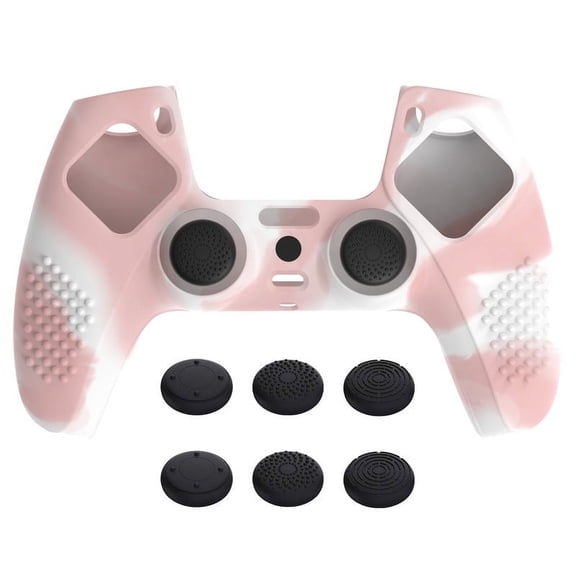 PlayVital 3D Studded Edition Anti-Slip Silicone Cover Skin for ps5 Controller, Soft Rubber Case Protector for ps5 Wireless Controller with Thumb Grip Caps - Pink & White