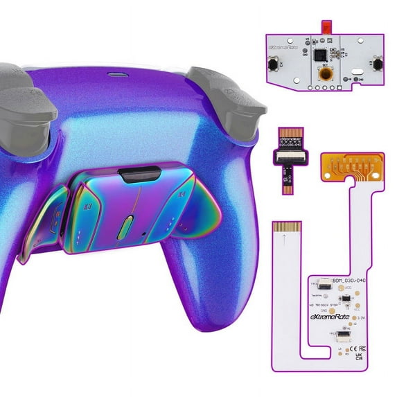 eXtremeRate Programmable Real Metal Buttons RMB RISE4 V3 Remap Kit for PS5 Controller BDM-030 040 050, Upgrade Board Redesigned Chameleon Purple Blue Bottom Shell 4 Back Buttons Set for PS5 Controller