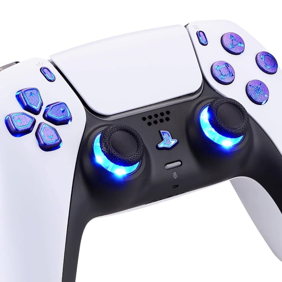 eXtremeRate RGB LED Button & Thumbstick Kit for PS5 BDM-030/040/050/060 – 7 Colors 9 Modes, Transparent D-pad & Face Buttons - Chameleon Purple Blue