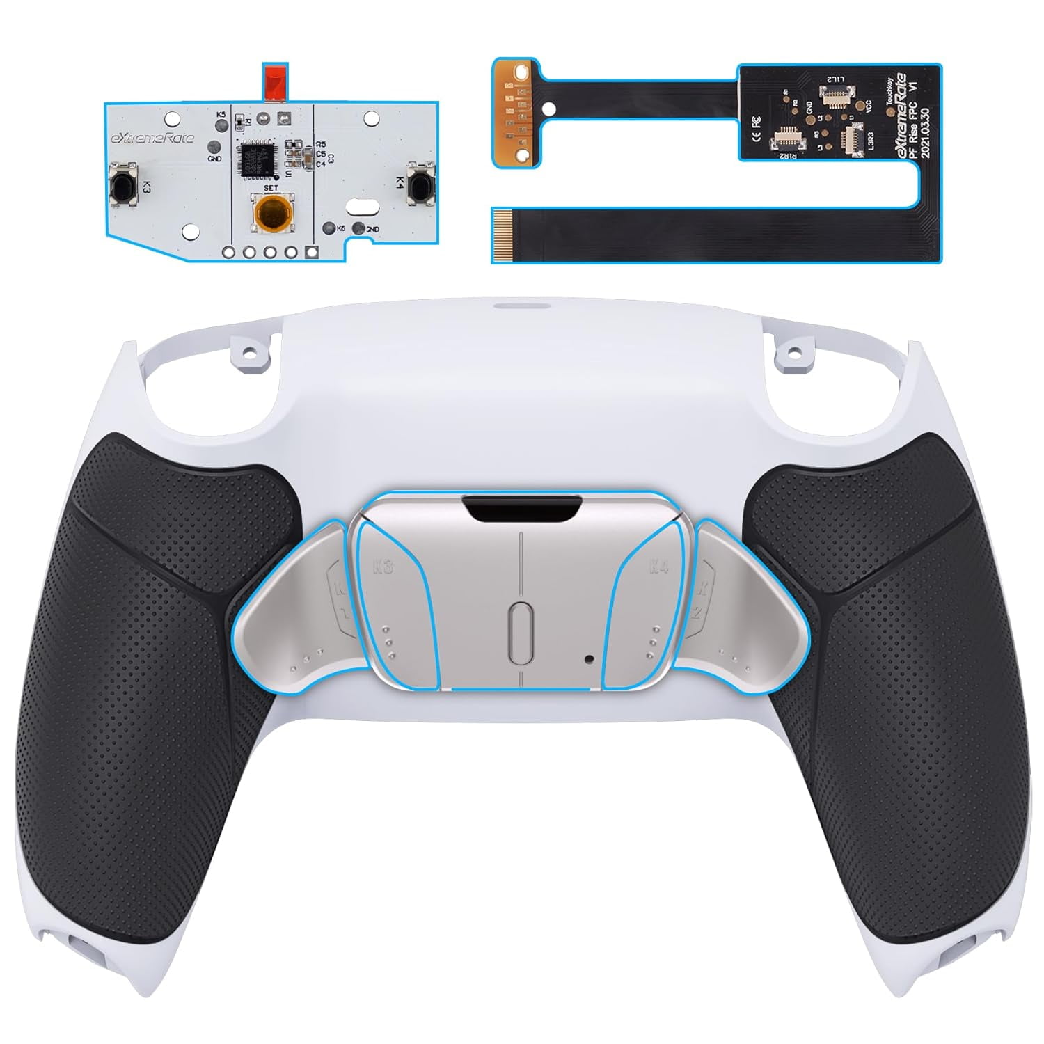 eXtremeRate Rainbow Aura Blue Purple Real Metal Buttons (RMB) RISE4 Remap Kit for PS5 Controller BDM-010 020 with Black Rubberized Grip Back Shell, Upgrade Board and 4 Back Buttons for PS5 Controller