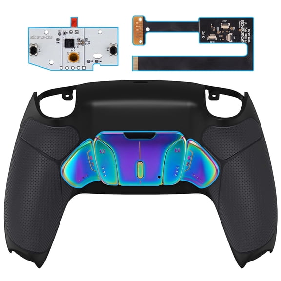 eXtremeRate Rainbow Aura Blue Purple Real Metal Buttons RMB RISE4 Remap Kit for PS5 Controller BDM-010 020 with Black Rubberized Grip White Back Shell, Upgrade Board, 4 Back Buttons for PS5 Controller
