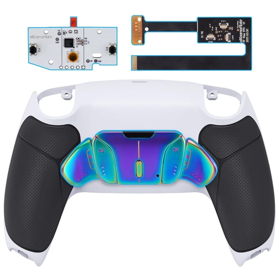 eXtremeRate Rainbow Aura Blue Purple Real Metal Buttons RMB RISE4 Remap Kit for PS5 Controller BDM-010 020, Gray Rubberized Grip New Hope Gray Back Shell, Upgrade Board Back Buttons for PS5 Controller