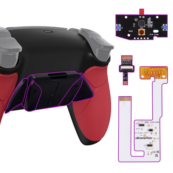 eXtremeRate Red Rubberized Grip Programable RISE4 V3 Remap Kit for PS5 Controller BDM-030 040 050, Upgrade Board Black Redesigned Bottom Shell 4 Back Buttons Set for PS5 Controller - NO Controller