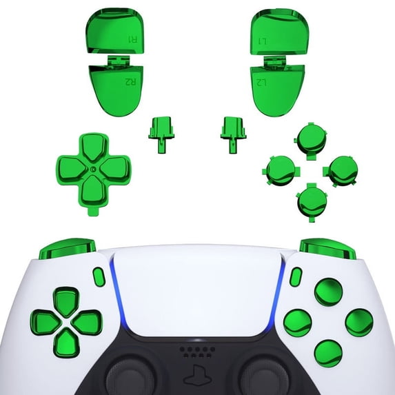 eXtremeRate Replacement D-pad R1 L1 R2 L2 Triggers Share Options Face Buttons, Chrome Green Full Set Buttons for ps5 Controller BDM-030/040