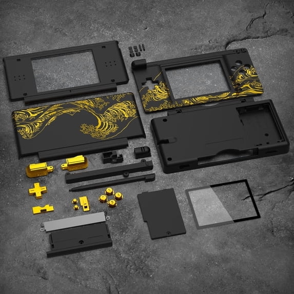 eXtremeRate Replacement Full Housing Shell for Nintendo DS Lite, The Great GOLDEN Wave Off Kanagawa - Black Custom Handheld Console Case Cover with Buttons, Screen Lens for Nintendo DS Lite NDSL