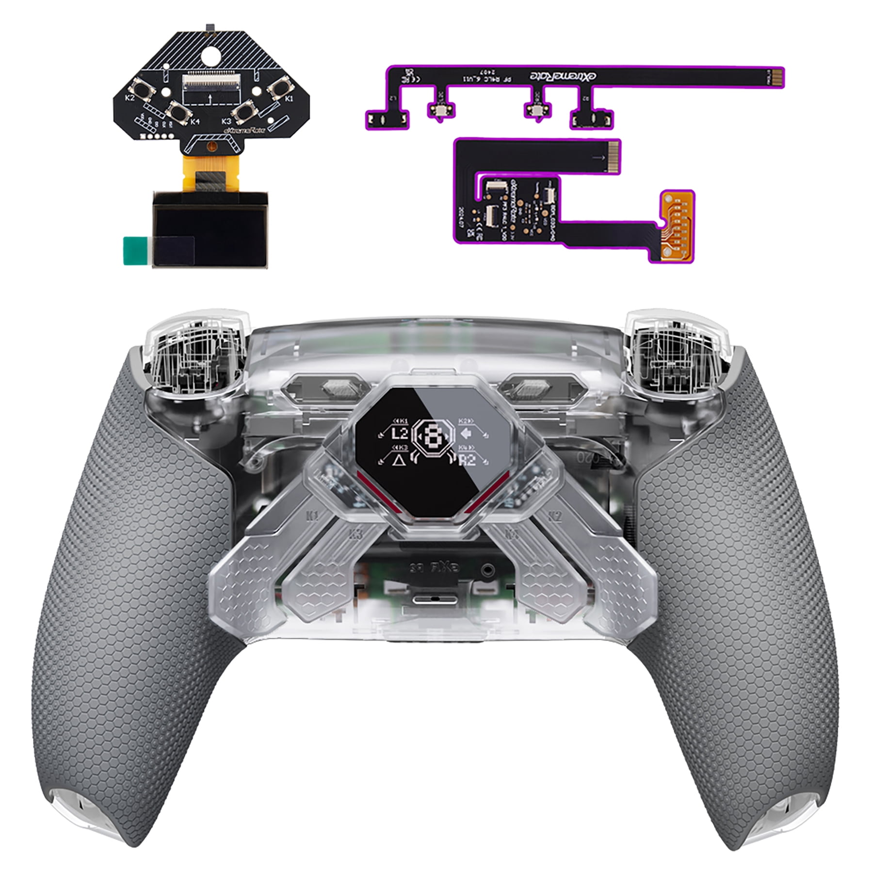 eXtremeRate SPARK Back Paddles Kit for PS5 Controller BDM-030 040 050 Models, OLED Display + Clicky Trigger Stops + Ergonomic Rubberized Grips Remappable 4 Back Buttons Set - Clear & Gray