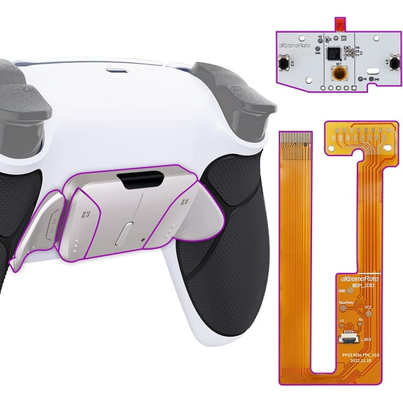 eXtremeRate Silver Real Metal Buttons (RMB) Version RISE4 Remap Kit for PS5 Controller BDM-030 with Black Rubberized Grip Redesigned White Back Shell, Upgrade Board & 4 Back Buttons for PS5 Controller