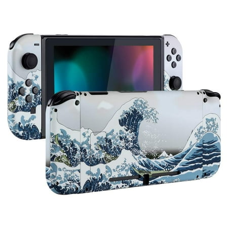 eXtremeRate Soft Touch Grip Back Plate for Nintendo Switch Console, NS Joycon Handheld Controller Housing?with Full Set Buttons, DIY Replacement Shell for Nintendo Switch - The Great Wave