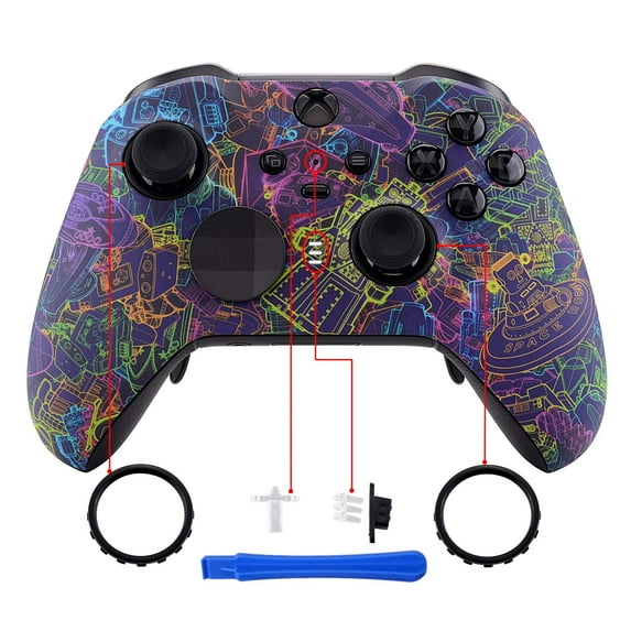 eXtremeRate Neon Novel Patterned Faceplate Cover, Soft Touch Front Housing Shell Case Replacement Kit for Xbox One Elite Series 2, Xbox Elite 2 Core Controller Model 1797 - Accent Rings Included