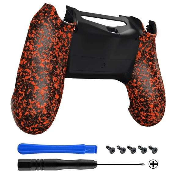 eXtremeRate Textured Orange Comfortable Non-Slip Custom Back Housing, 3D Splashing Case Cover, Game Improvement Replacement Bottom Shell Compatible with ps4 Slim Pro Controller JDM-040/050/055