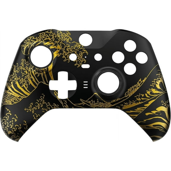 eXtremeRate The Great GOLDEN Wave Off Kanagawa - Black Faceplate Cover, Front Housing Shell Replacement Kit for Xbox One Elite Series 2, Xbox Elite 2 Core Controller Model 1797 - Accent Rings Included