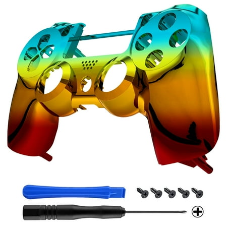 eXtremeRate Tri-Color Gradient Replacement Faceplate Cover, Chrome Cyan Gold Red Front Housing Shell Compatible with PS4 Controller CUH-ZCT2 JDM-040/050/055