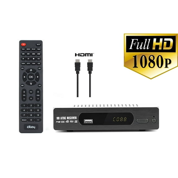 eXuby DTV Converter Box for TV and HDMI Cable for Recording and Viewing Full HD Digital Channels for Free (Instant or Scheduled Recording, 1080P HDTV, HDMI Output, 7 Day Program Guide and LCD Screen)