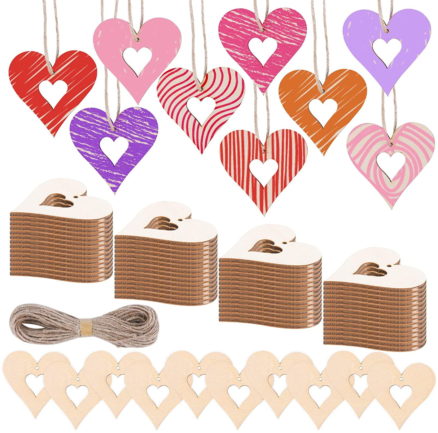 eZAKKA Heart Wood Slices, 100 Pieces Heart Wooden Embellishments