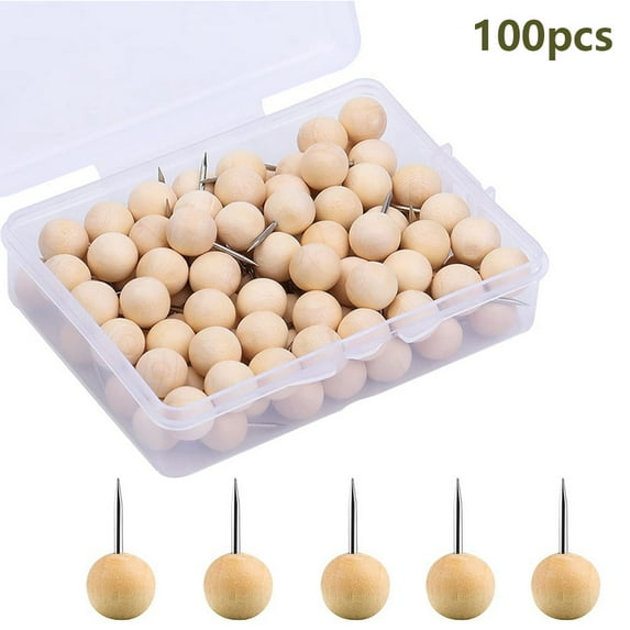 eZAKKA Wooden Push Pins, Wood Cork Board Pin Decorative for Cork Boards Map, Photos, Calendar with Box, 100 Pack, Round