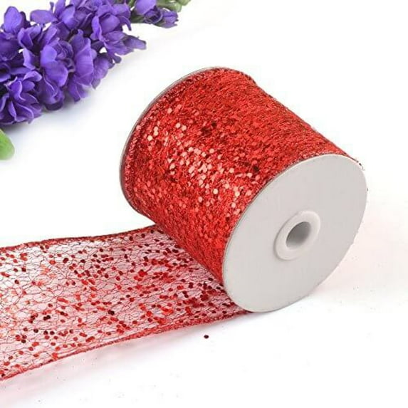 eZthings® Decorative Designer Sparkly Sheer Fabric Ribbons for Party Decor and Gift Baskets (10 Yard, Red(3.5" Width))