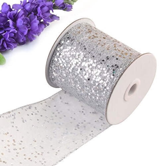 eZthings® Decorative Designer Sparkly Sheer Fabric Ribbons for Party Decor and Gift Baskets (10 Yard, Silver(3.5" Width))