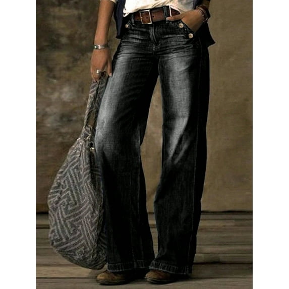 eans for Women Straight Leg Bootcut mid Waisted Long Denim Pants Boyfriend Trendy Pockets Double Stitching