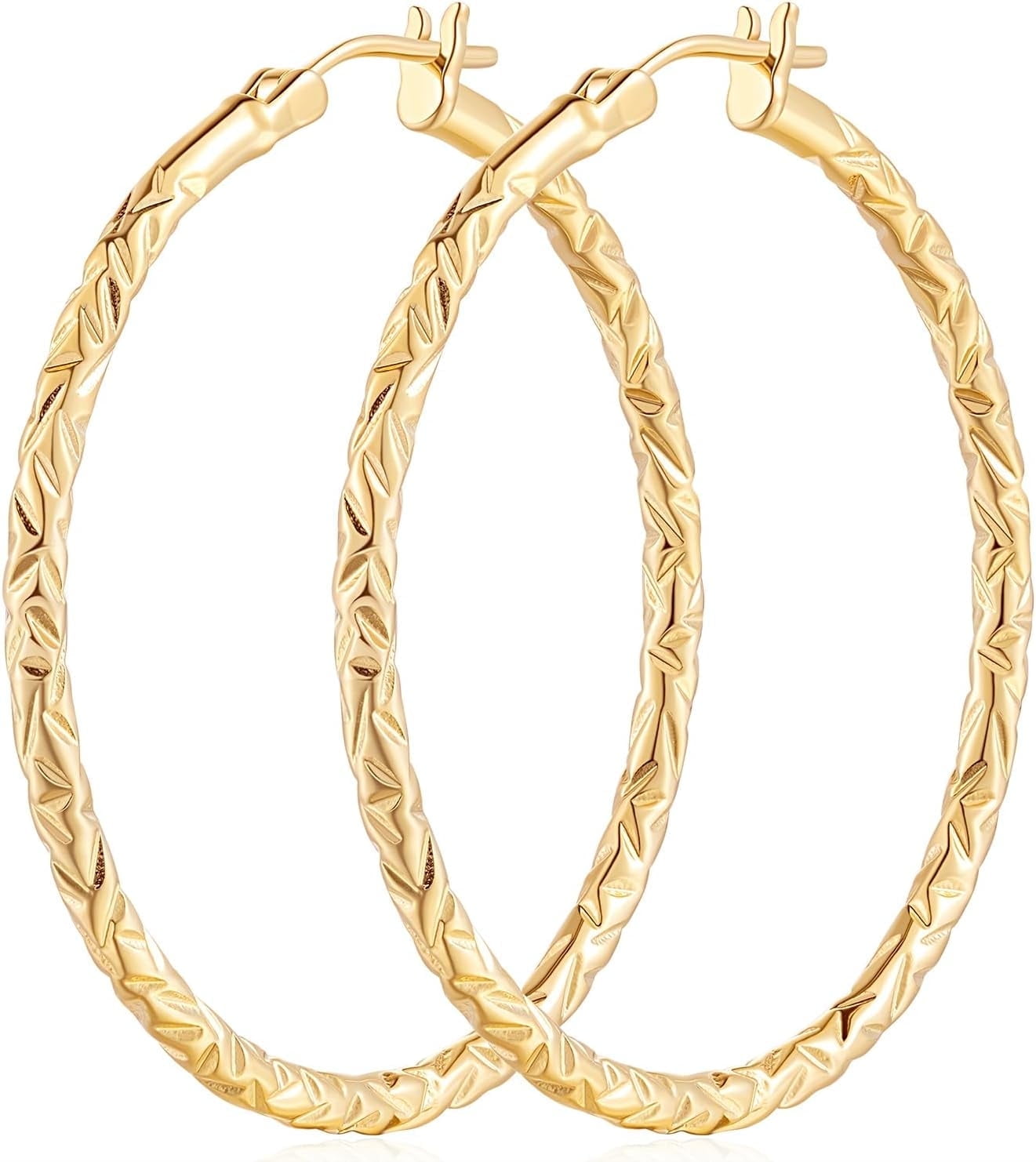 POHNUI 14K Gold Hoop Earrings for Women Textured 40mm Large Gold Hoops with Engraved Braided Pattern, Lightweight Everyday Statement Jewelry