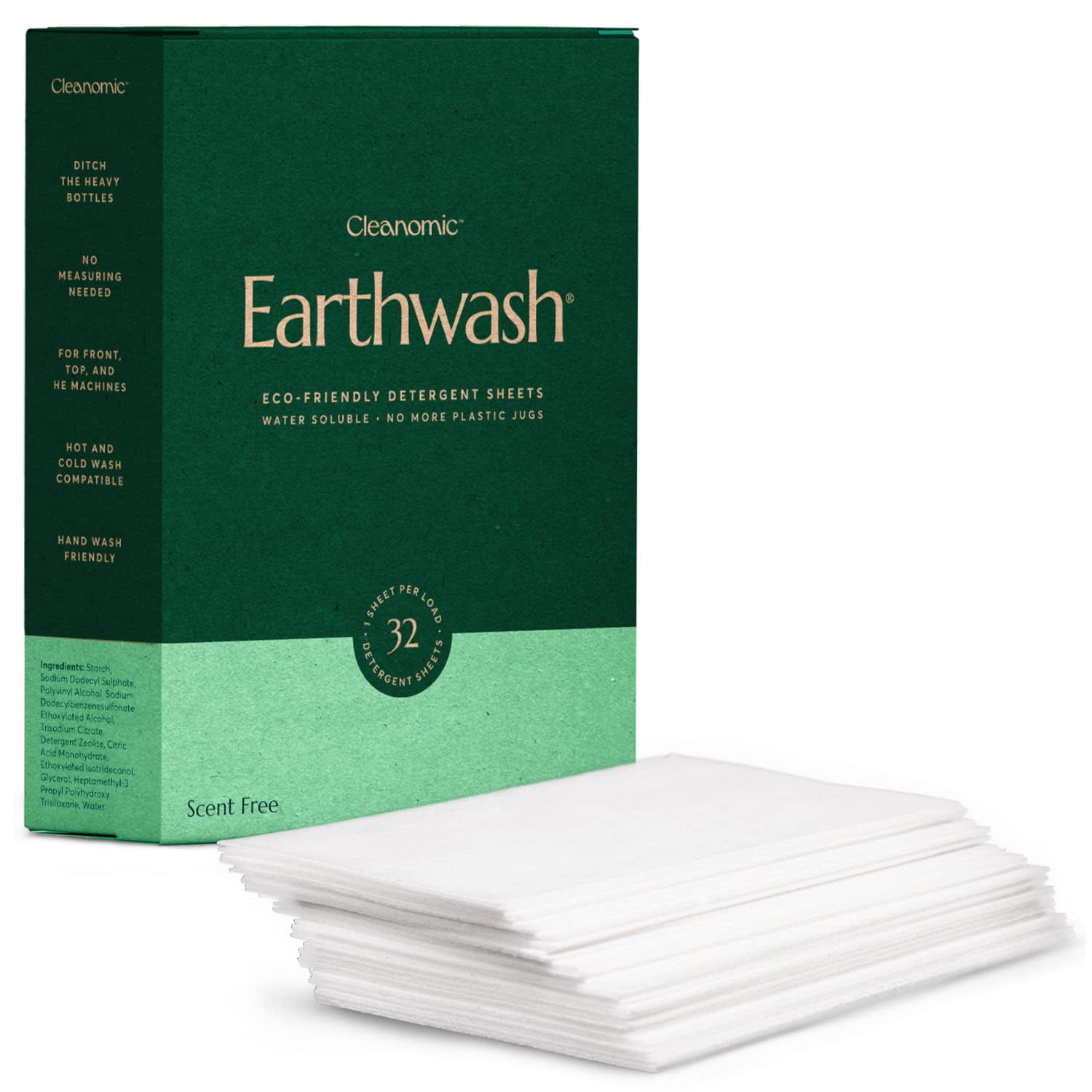 earthwash Laundry Detergent Sheets ScentFree 32 Sheets, Up To 64