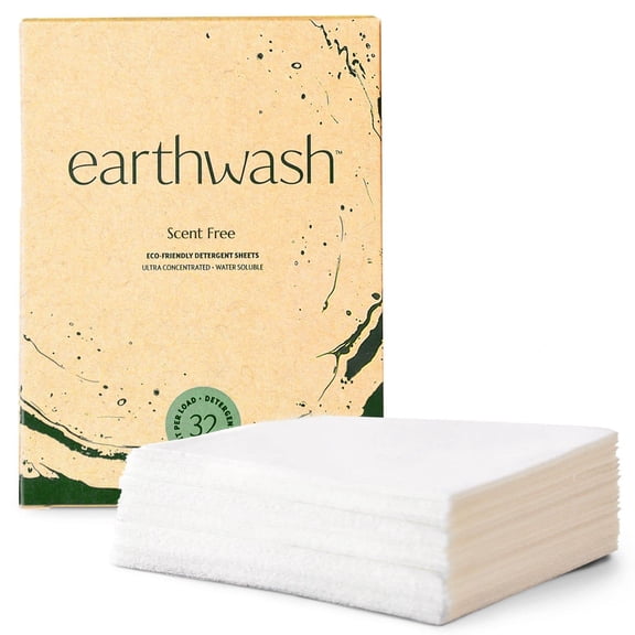 earthwash Laundry Sheets, Scent-Free (32 Loads), The Perfect Plastic Free Detergent Strips, Ideal for TravelHome Use. Biodegradable-Easy Dissolve, True Eco-Wash