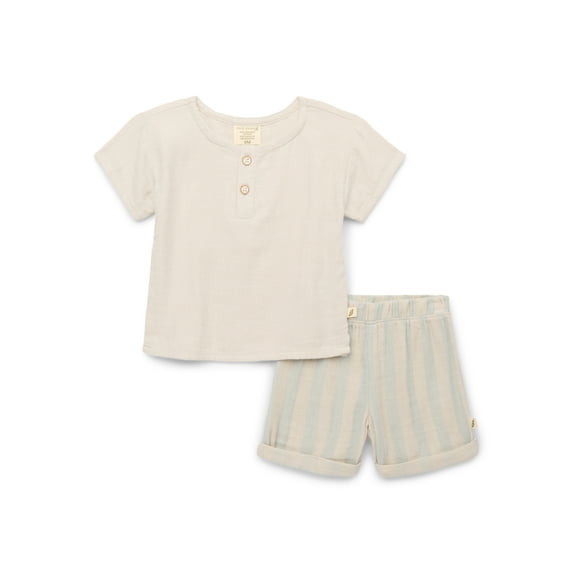 easy-peasy Baby Boys Double Gauze Henley Boxy T-Shirt & Striped Shorts Set, 2-Piece, Sizes 0-24M