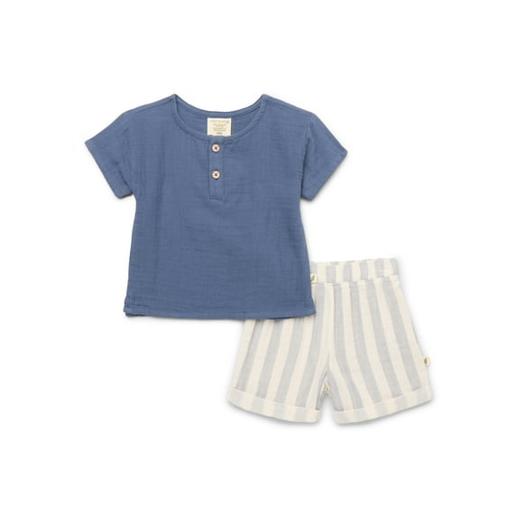 easy-peasy Baby Boys Double Gauze Henley Boxy T-Shirt & Striped Shorts Set, 2-Piece, Sizes 0-24M