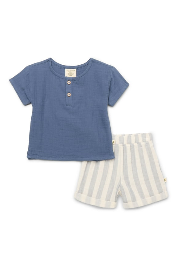 Baby Boys Double Gauze Henley Boxy T-Shirt & Striped Shorts Set, 2-Piece, Sizes 0-24M