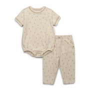 easy-peasy Baby Girl or Boy Newborn Outfit Set, 2-Piece French Terry Bodysuit and Pants with Pockets, Neutral Baby Clothes, Sizes 0M–24M