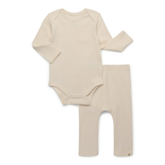 easy-peasy Baby Boys or Girls Organic Rib Long Sleeve Bodysuit with Pocket and Leggings Set, 2-Piece, Sizes 0M-24M