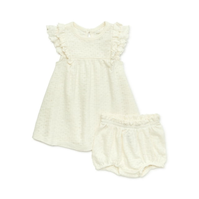 easy-peasy Baby Girl Ruffled Pointelle Dress with Diaper Cover, Sizes 0/3M-24M