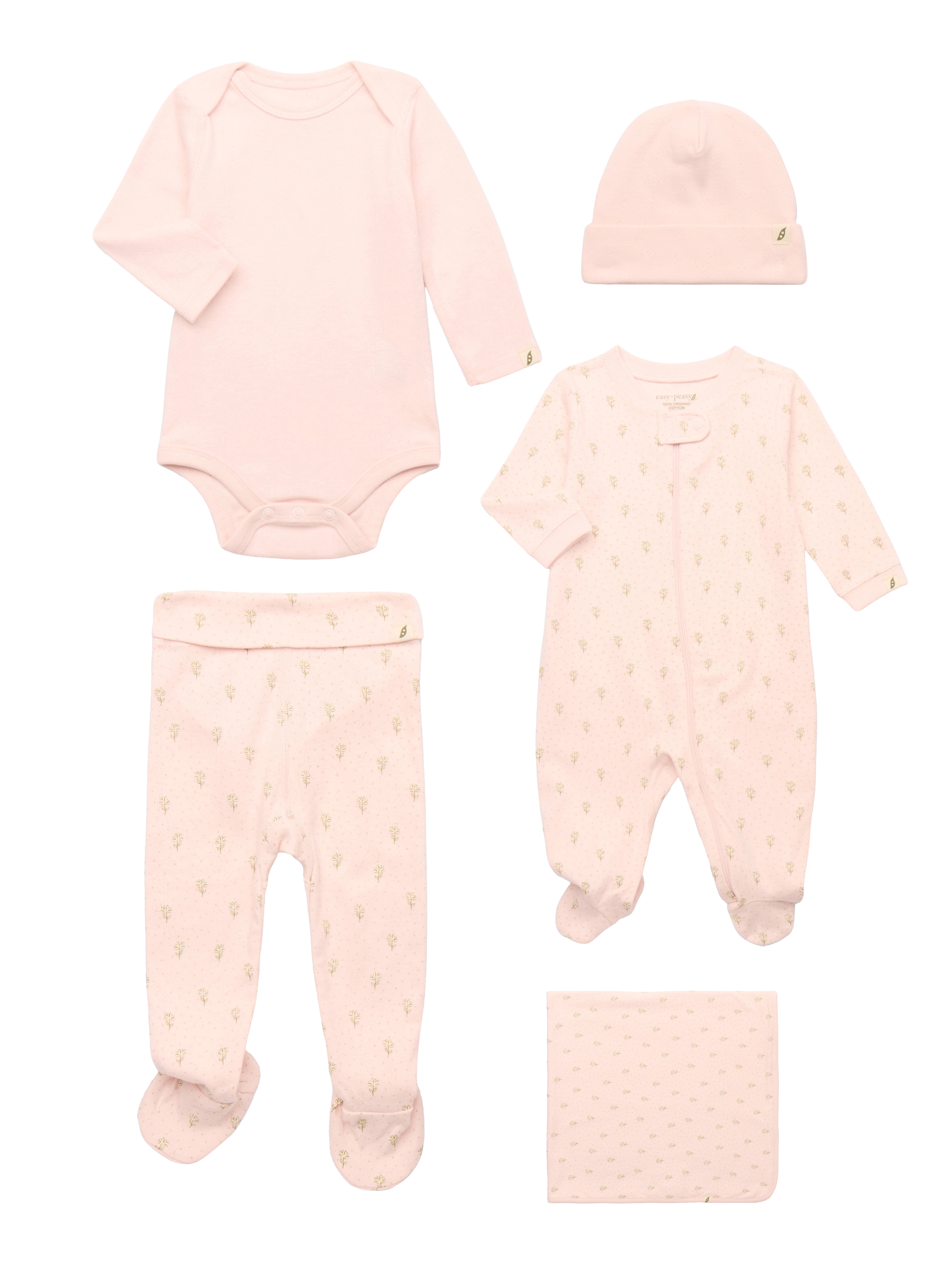 easy-peasy Baby Girls 5-Piece Organic Cotton Pajama Set – Sleeper, Bodysuit, Footed Pants, Hat & Blanket, Sizes 0M–9M