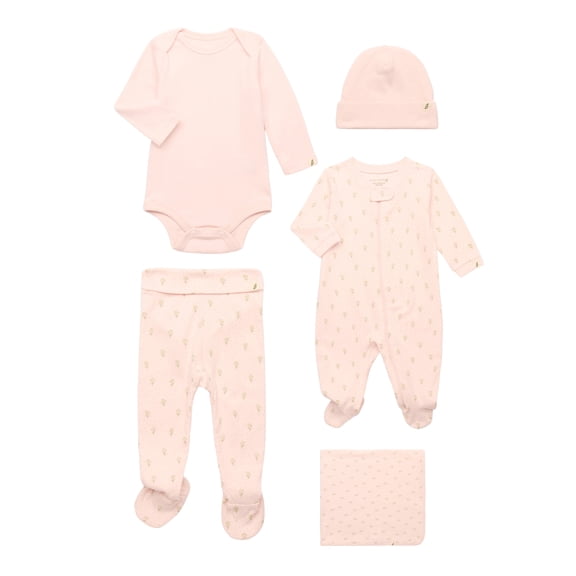 easy-peasy Baby Girls 5-Piece Organic Cotton Pajama Set – Sleeper, Bodysuit, Footed Pants, Hat & Blanket, Sizes 0M–9M