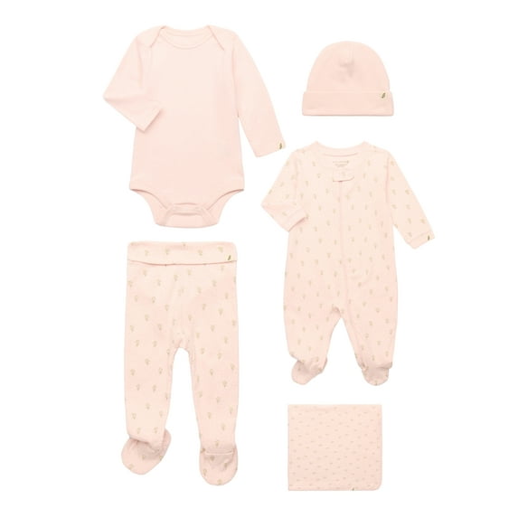 easy-peasy Baby Girls 5-Piece Organic Cotton Pajama Set – Sleeper, Bodysuit, Footed Pants, Hat & Blanket, Sizes 0M–9M