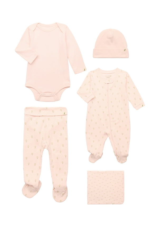 Baby Girls 5-Piece Organic Cotton Pajama Set – Sleeper, Bodysuit, Footed Pants, Hat & Blanket, Sizes 0M–9M