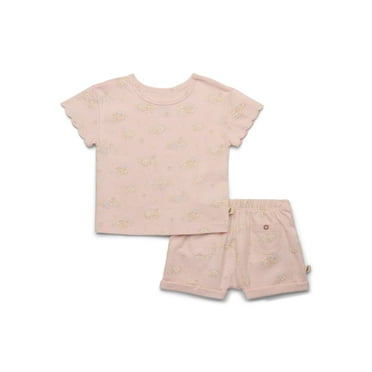 easy-peasy Baby Girls Crinkled Knit Scallop-Trim T-Shirt and Shorts Set with Pockets, 2-Piece, Sizes 0M-24M