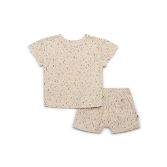 easy-peasy Baby Girls Crinkled Knit Scallop-Trim T-Shirt and Shorts Set with Pockets, 2-Piece, Sizes 0M-24M