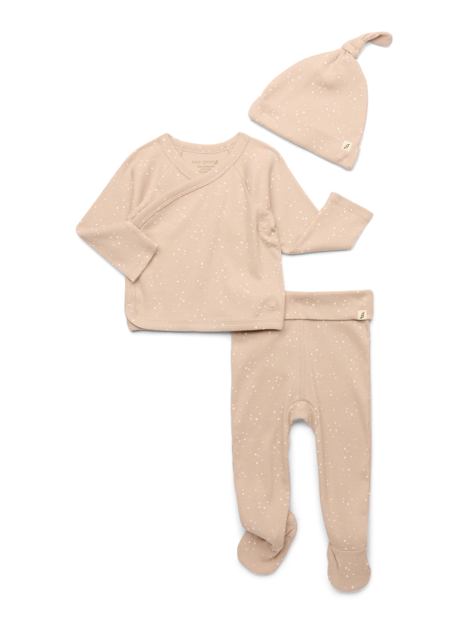 easy-peasy Organic Cotton Baby Girl Pajama Set, 3-Piece Footed Pants, Foldover Top & Hat, Newborn–9 Months