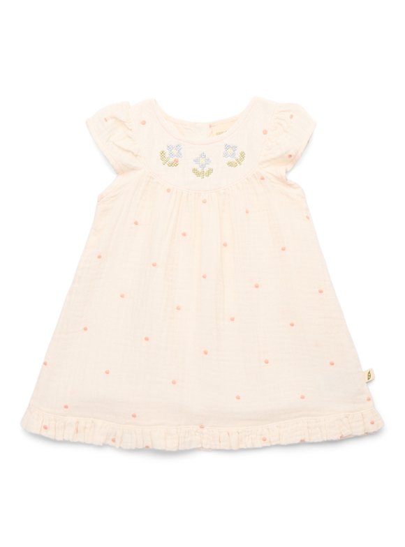 Baby Girls Organic Cotton Gauze Embroidered Flutter Dress, Sizes 0-24M