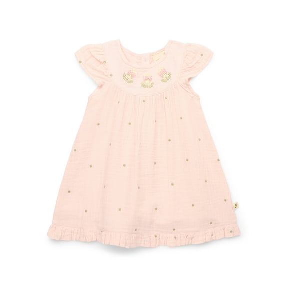 easy-peasy Baby Girls Organic Cotton Gauze Embroidered Flutter Dress, Sizes 0-24M