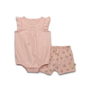 easy-peasy Baby Girls Organic Cotton Ruffle Bodysuit with Embroidered Yoke and Floral Shorts Set, 2-Piece, Sizes 0-24M