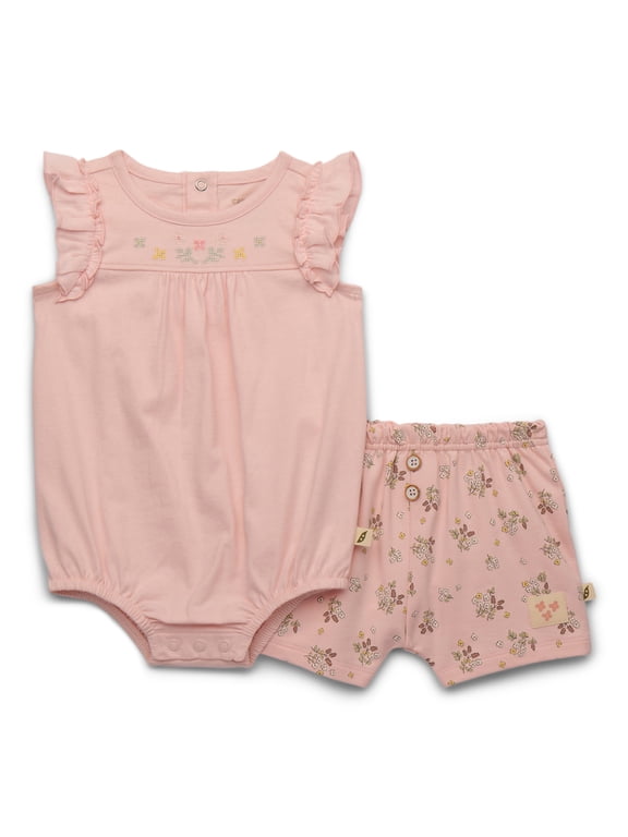 Baby Girls Organic Cotton Ruffle Bodysuit with Embroidered Yoke and Floral Shorts Set, 2-Piece, Sizes 0-24M