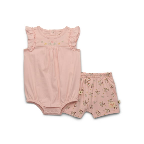 easy-peasy Baby Girls Organic Cotton Ruffle Bodysuit with Embroidered Yoke and Floral Shorts Set, 2-Piece, Sizes 0-24M
